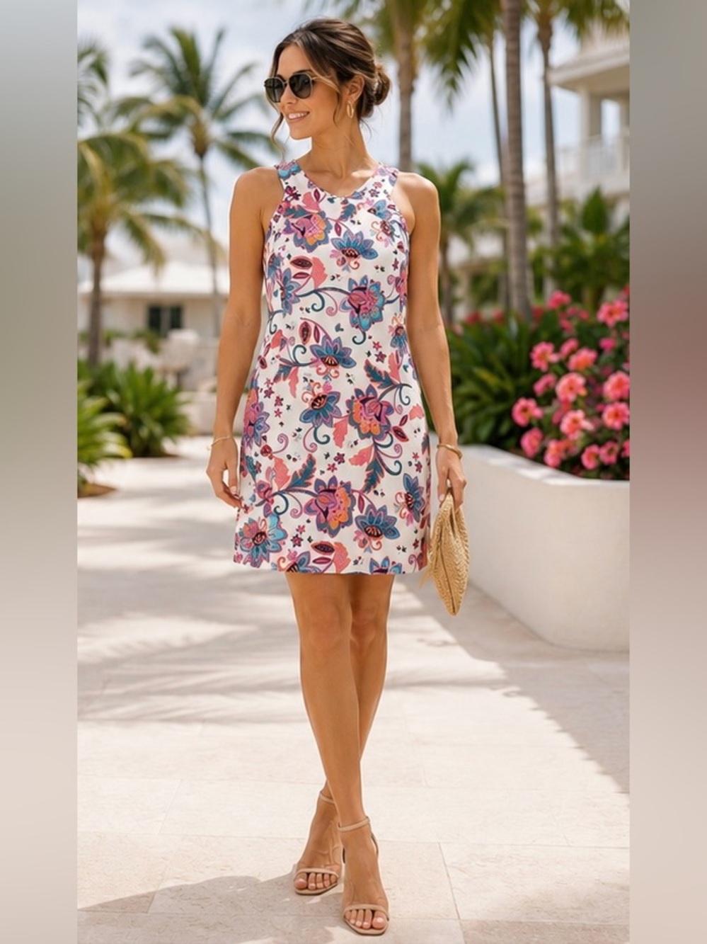 Nine West Oriental Floral Print Shift Pink Blue Sleeveless Sheath Dress Size 12